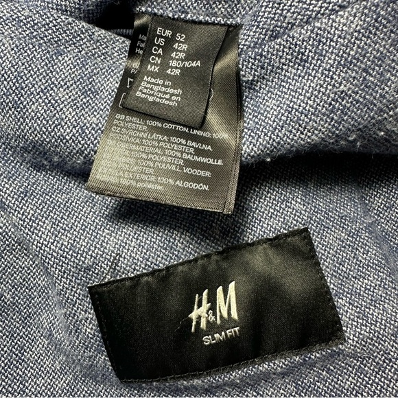 H&M Light Blue Blazer Jacket Size 42R Slim Fit Cotton Elbow Patch Sportcoat - Picture 8 of 11